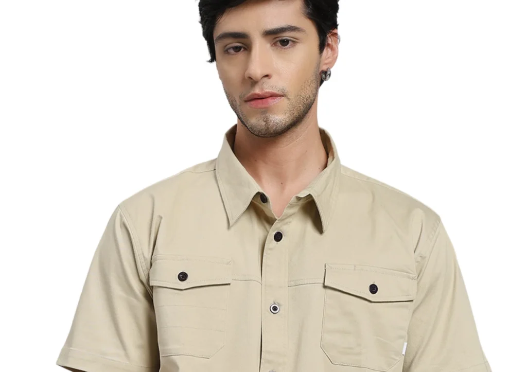 Beige Cotton Polyester Work Shirt