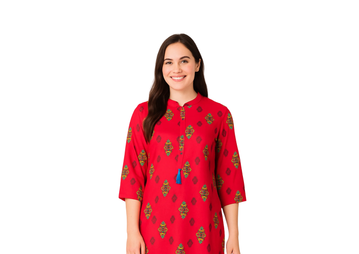 Women’s Red Printed Cotton Long Kurti